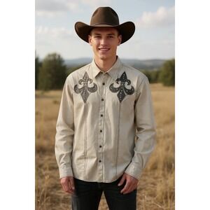 Roar Button Up Western Shirt‎ Men 2xl Long Sleeve Cross Grunge Y2K White
